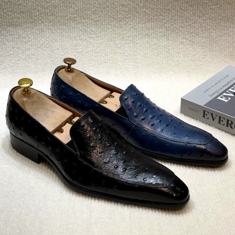 2025 new blue ostrich pattern light luxury leather loafers