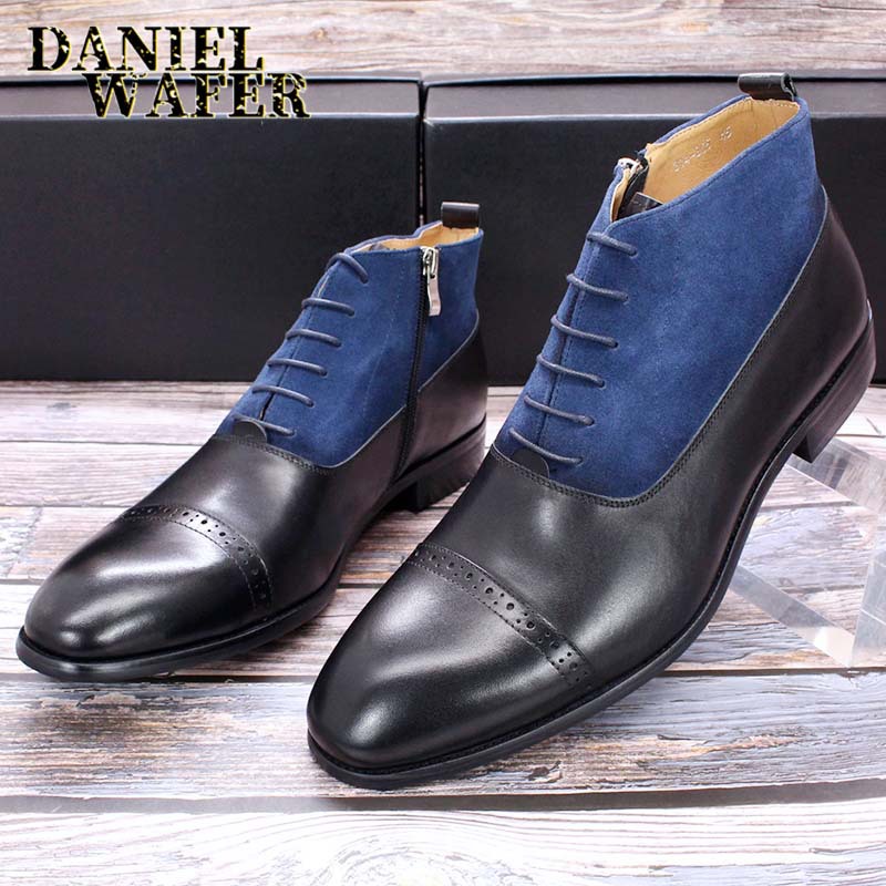 Men's pointed toe ankle boots, handcrafted, high-top, casual vintage style