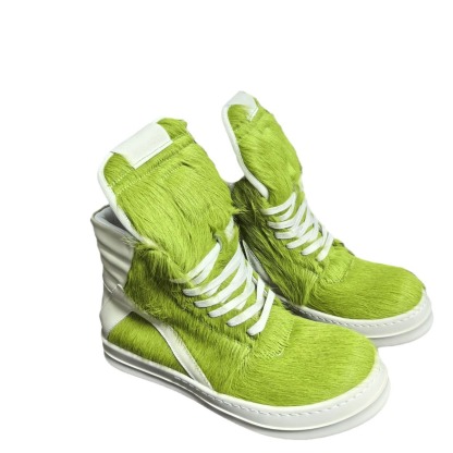 2024 new RO green horsehair high-top shoes inverted triangle large size thick bottom lace-up genuine leather European and American fashion trend high