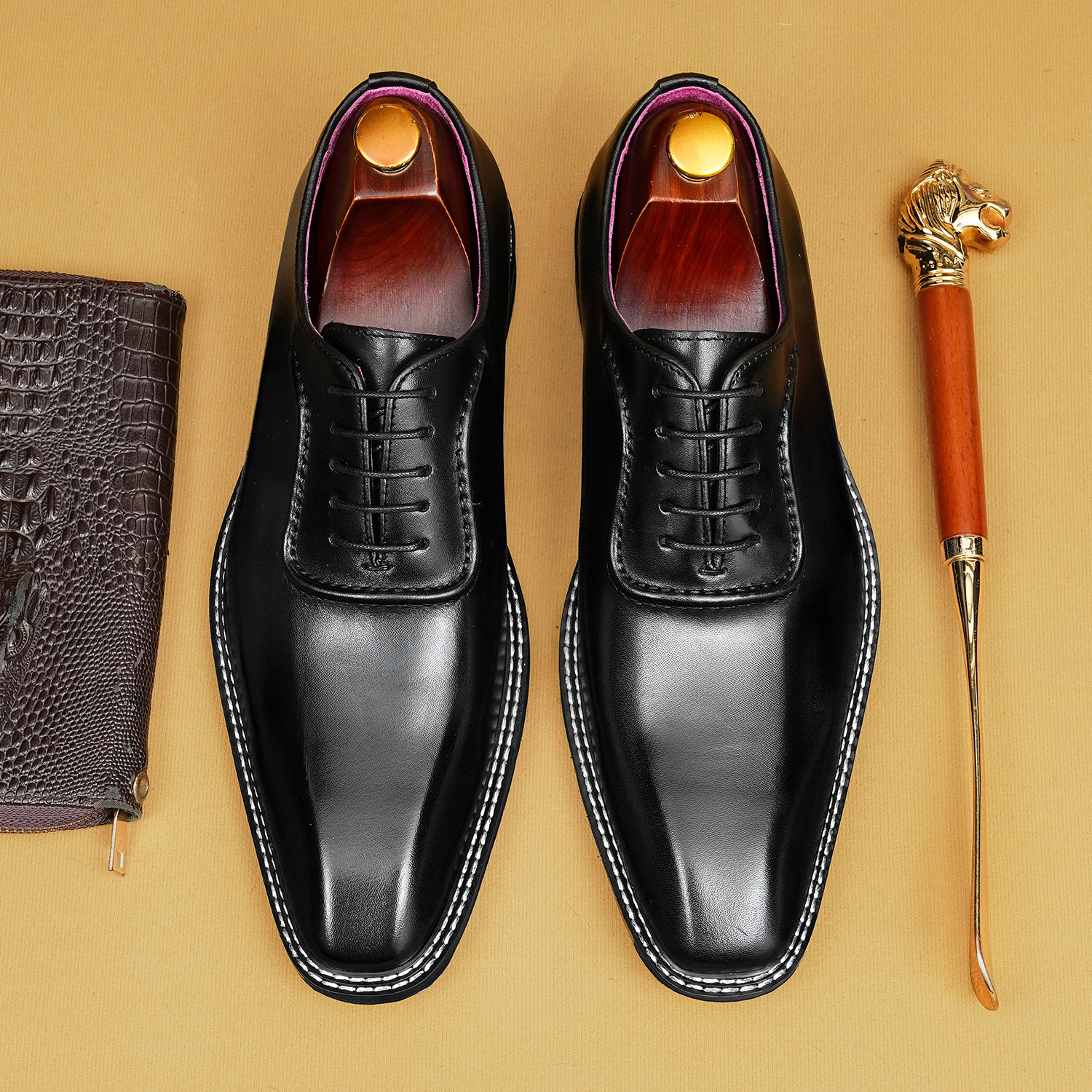 Dark Patina Square Toe Oxfords, Handcrafted Lace‑Up Formal Leather Shoes for Men