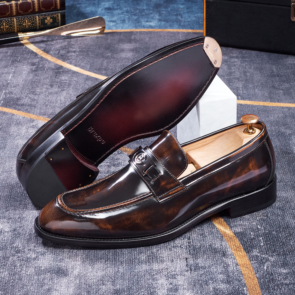 Men's Gradient Polished Metal Buckle Genuine Leather Loafers