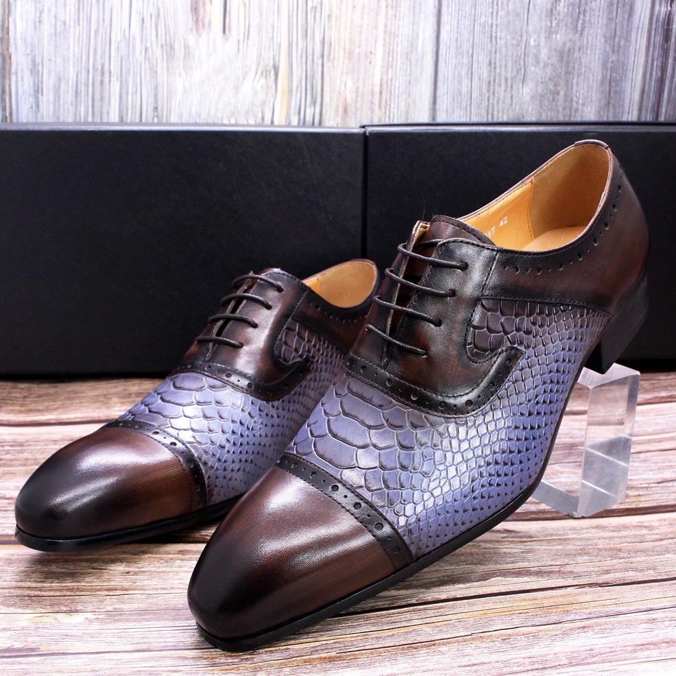 Men's leather shoes snake pattern genuine leather pointed toe men's color matching formal men's shoes business casual leather shoes men cross-border hot items