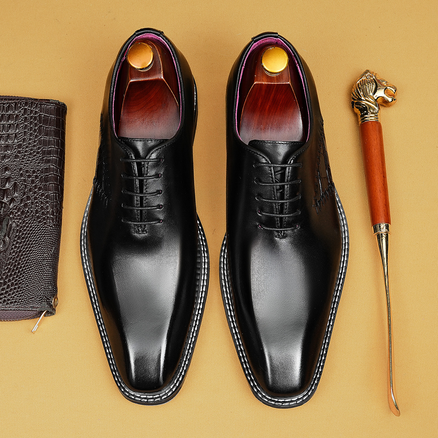 Men's Hand‑Polished Brown Oxford Dress Shoes | Square Toe Lace‑Up Formal Genuine Leather Shoes
