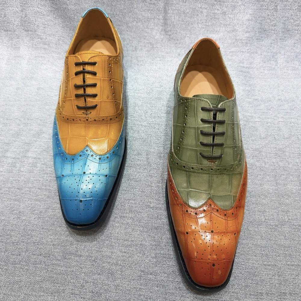 European fashion wedding shoes men's formal shoes first layer cowhide color matching lace-up Oxford shoes business office men's shoes