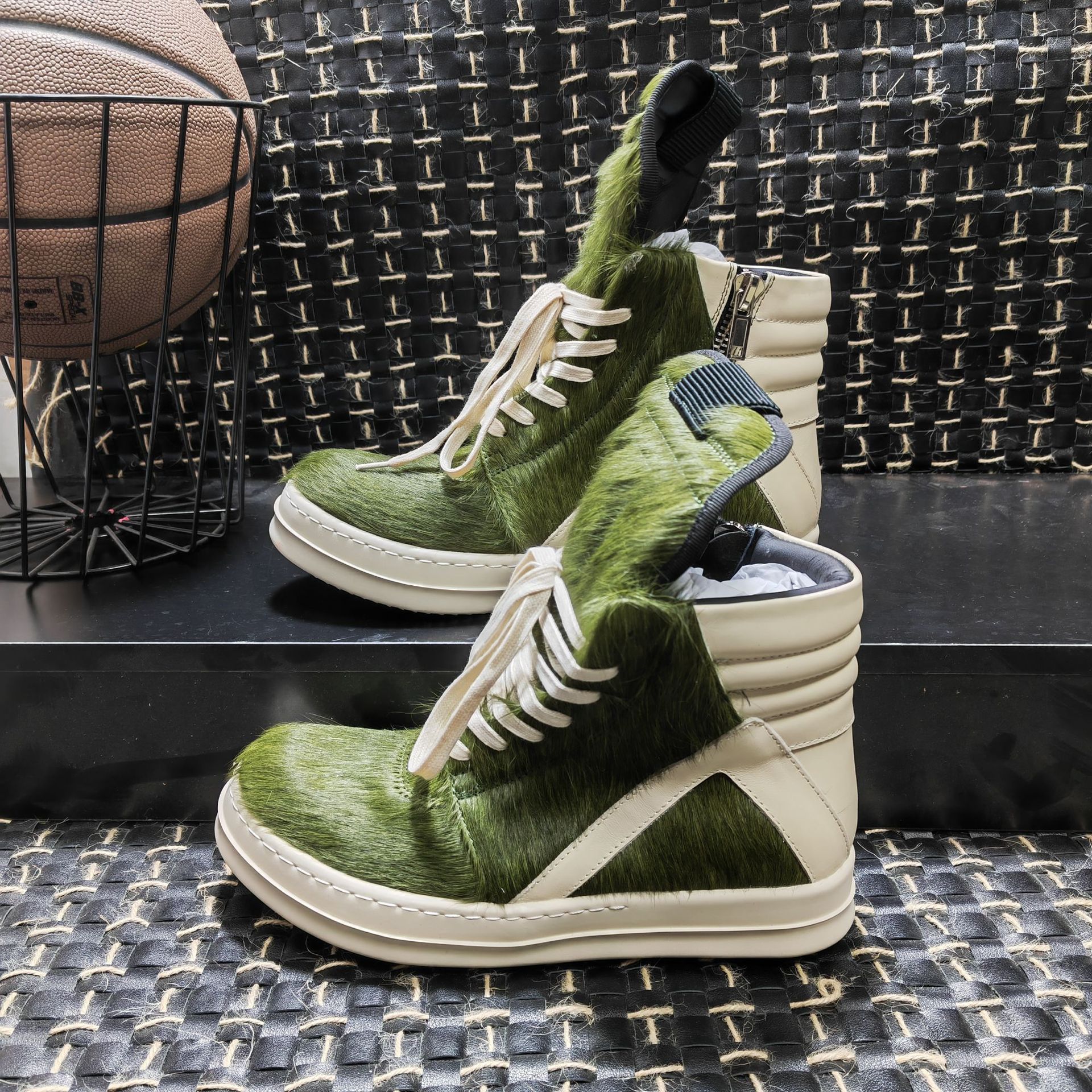 2024 new RO green horsehair high-top shoes inverted triangle large size thick bottom lace-up genuine leather European and American fashion trend high