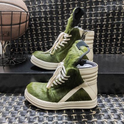 2024 new RO green horsehair high-top shoes inverted triangle large size thick bottom lace-up genuine leather European and American fashion trend high