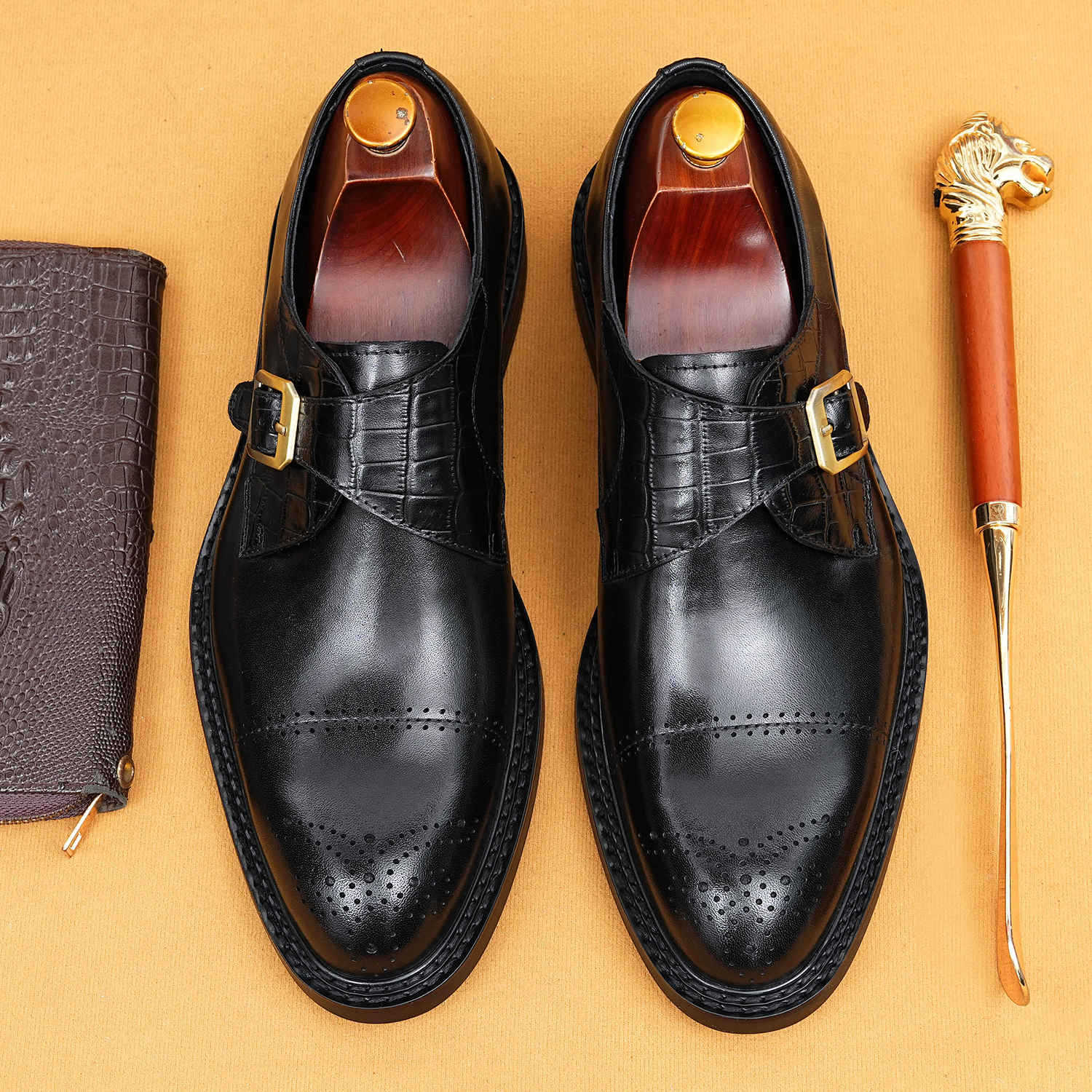 Business casual British style genuine leather monk shoes