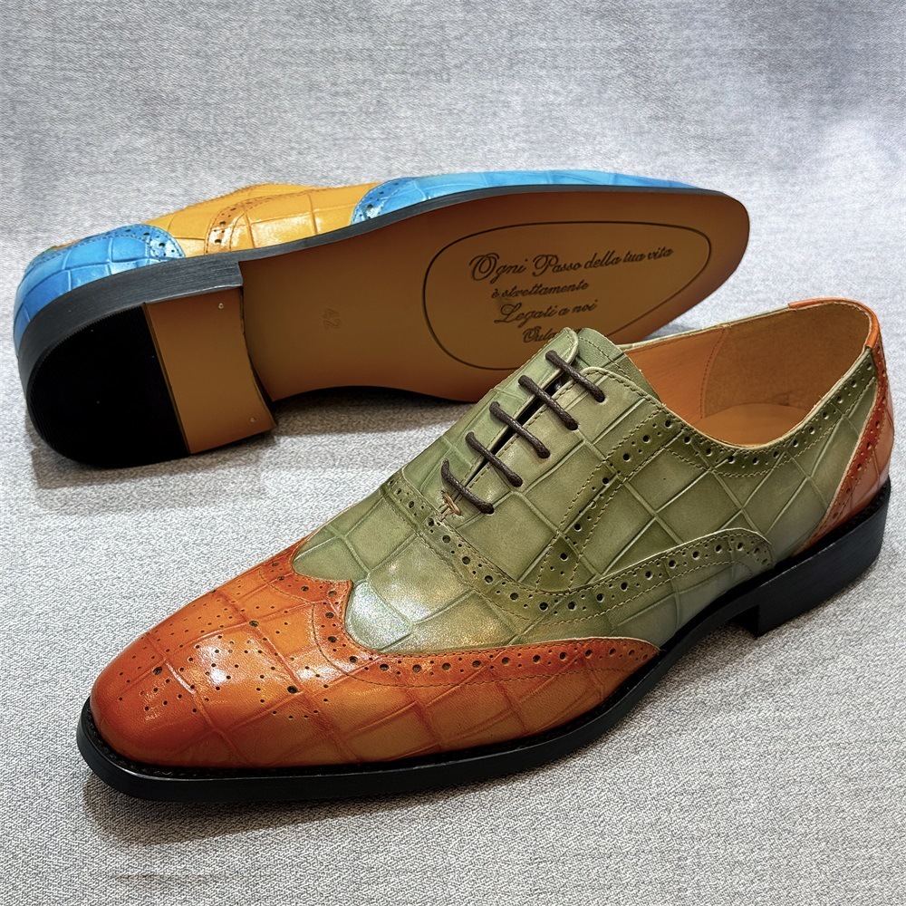 European fashion wedding shoes men's formal shoes first layer cowhide color matching lace-up Oxford shoes business office men's shoes
