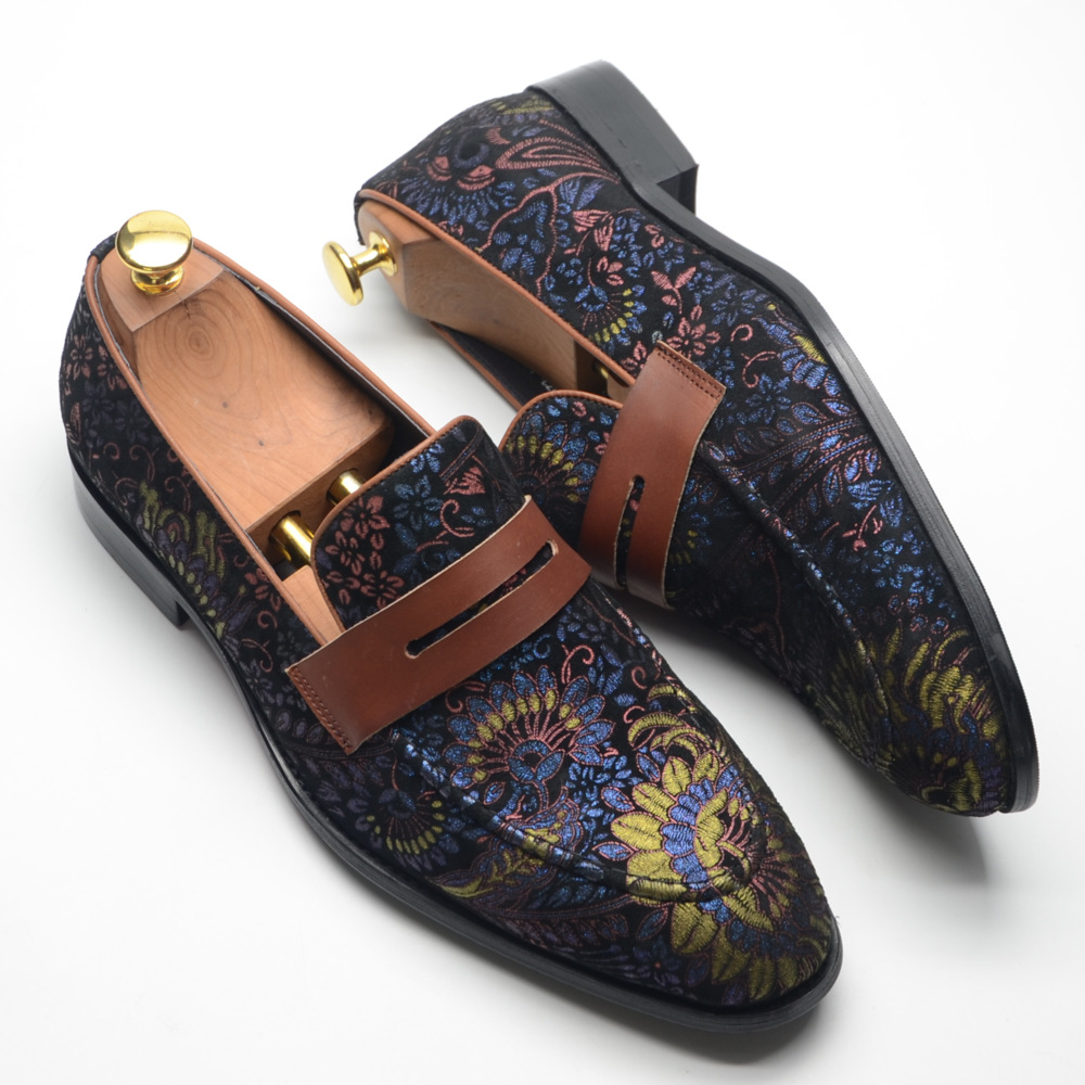 Men's Floral Embroidered Leather Penny Loafers
