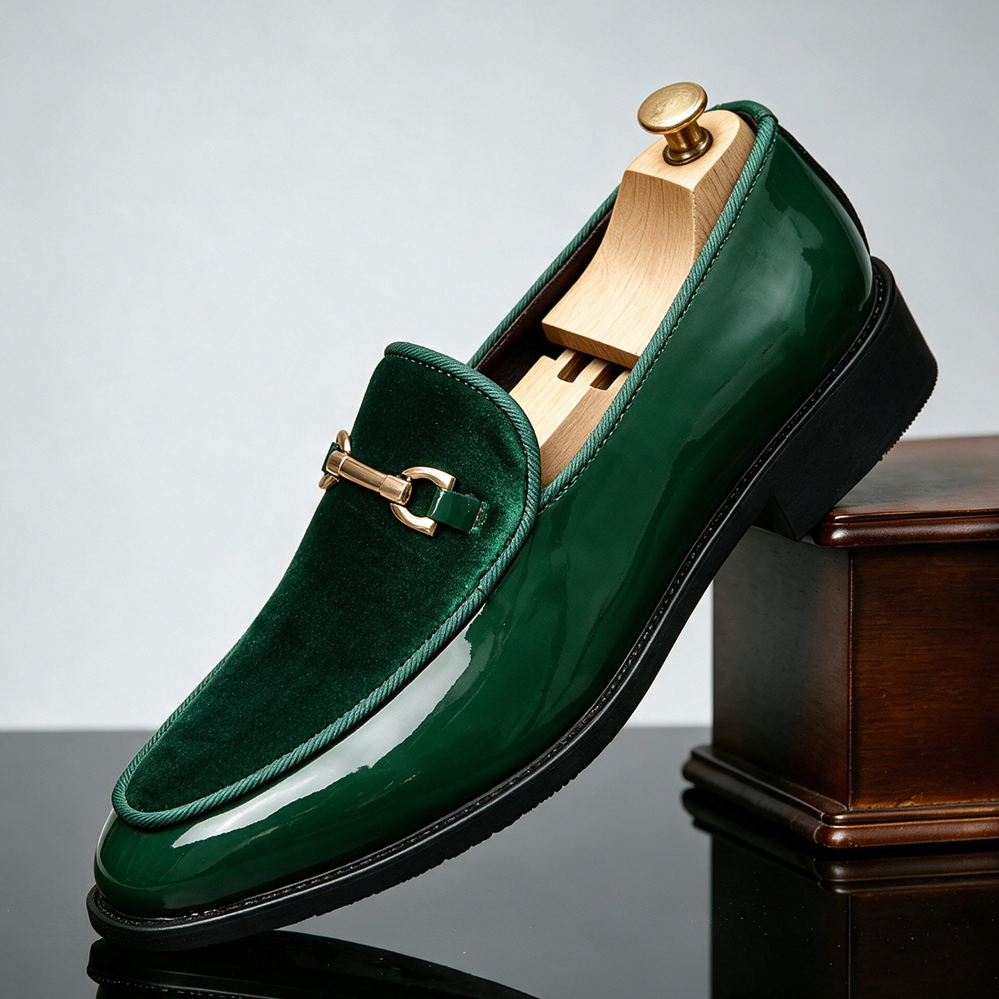 Men’s Velvet & Patent Leather Loafers | Gold Horsebit Ornament Slip‑On Luxury Dress Shoes