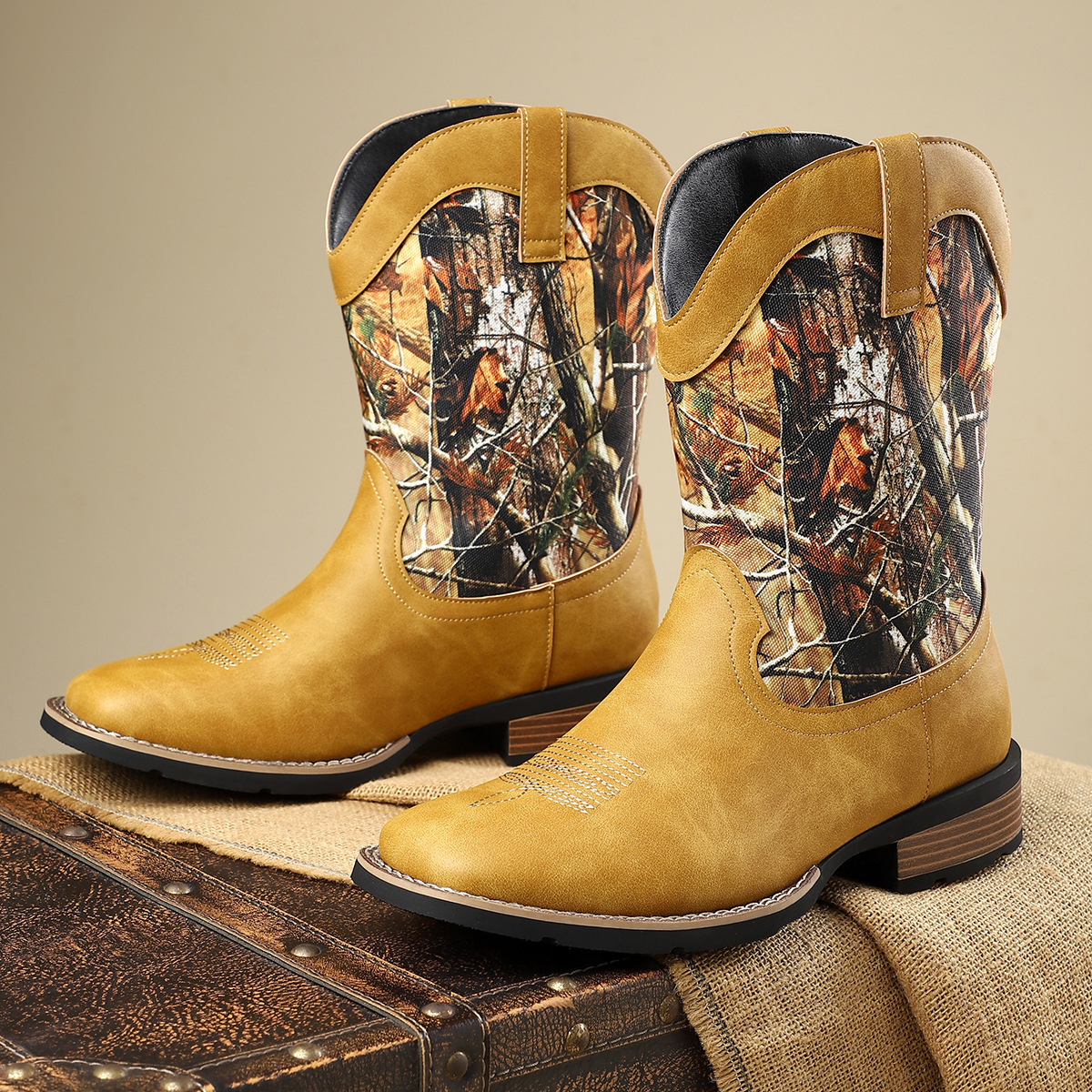 New western style cowboy boots embroidery craft retro high-top men's knight boots trendy all-match casual work boots