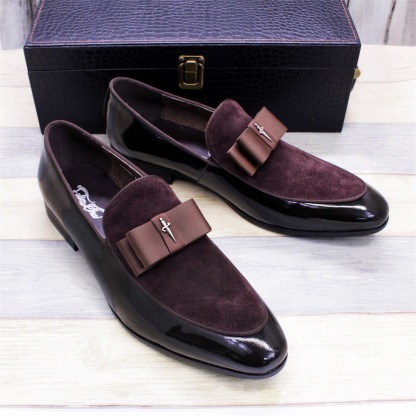Handmade Genuine Patent Leather And Nubuck Leather Patchwork With Bow Tie Men Wedding Dress Shoes