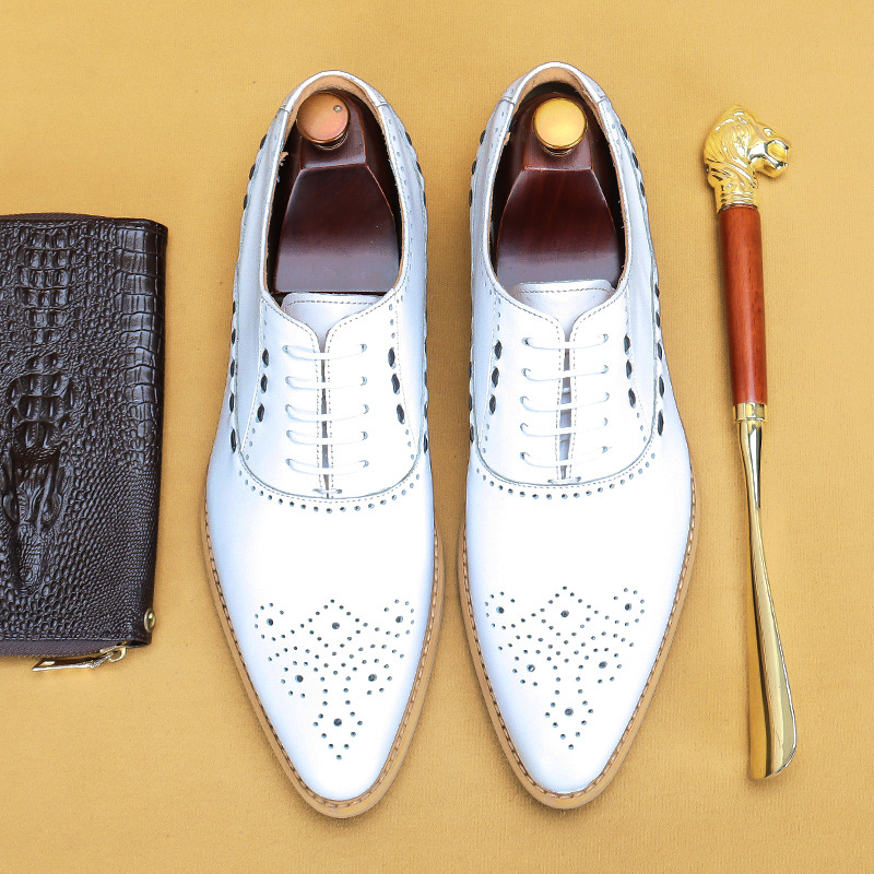 Men's White Wingtip Brogue Leather Dress Shoes