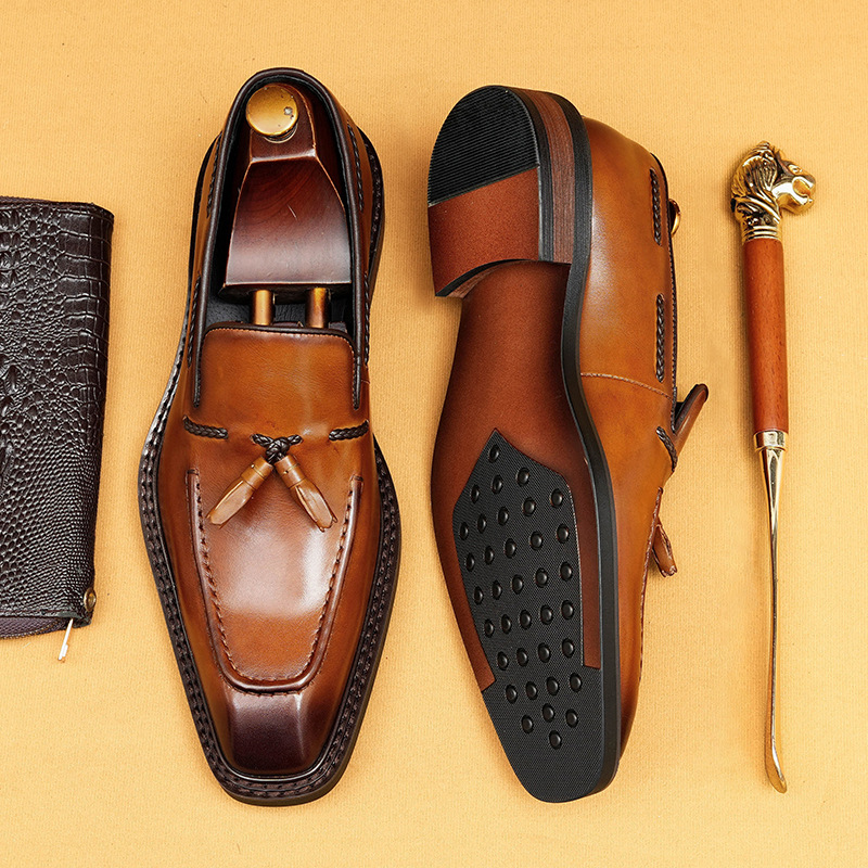 2026 New Style British Style Square Toe Tassel Genuine Leather Loafers