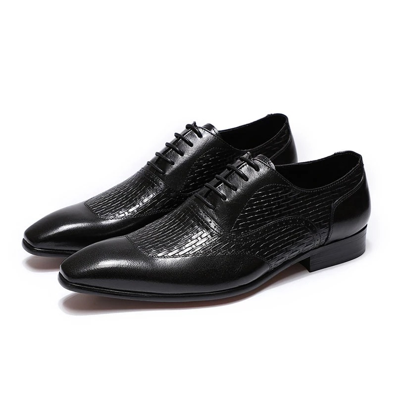Men's leather shoes genuine leather Oxford shoes pointed toe lace-up high-end woven leather shoes men's black and blue business formal shoes