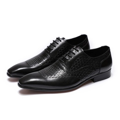Men's leather shoes genuine leather Oxford shoes pointed toe lace-up high-end woven leather shoes men's black and blue business formal shoes