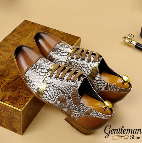Men's Cowhide Snake Print Patchwork Oxford Shoes