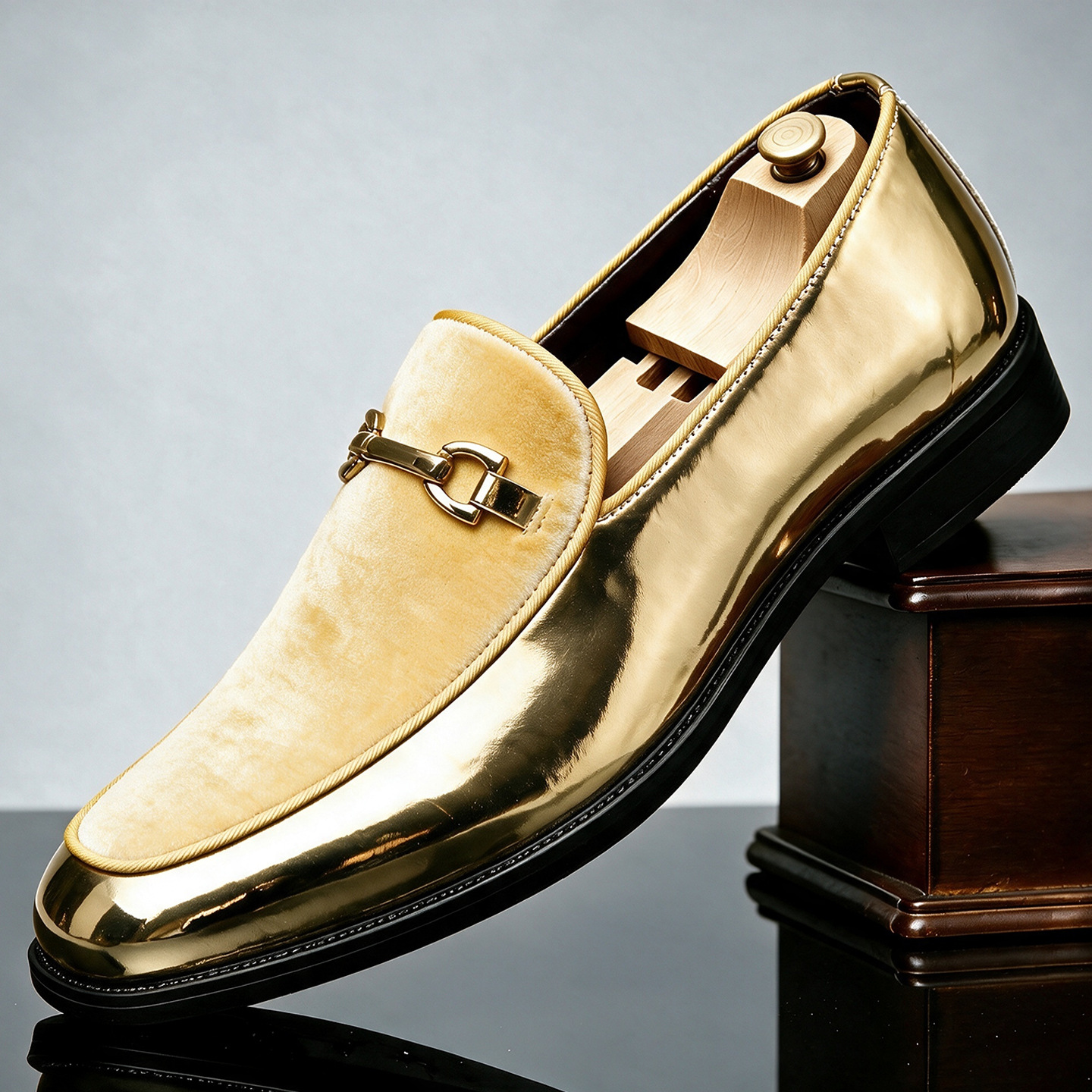 Men’s Velvet & Patent Leather Loafers | Gold Horsebit Ornament Slip‑On Luxury Dress Shoes