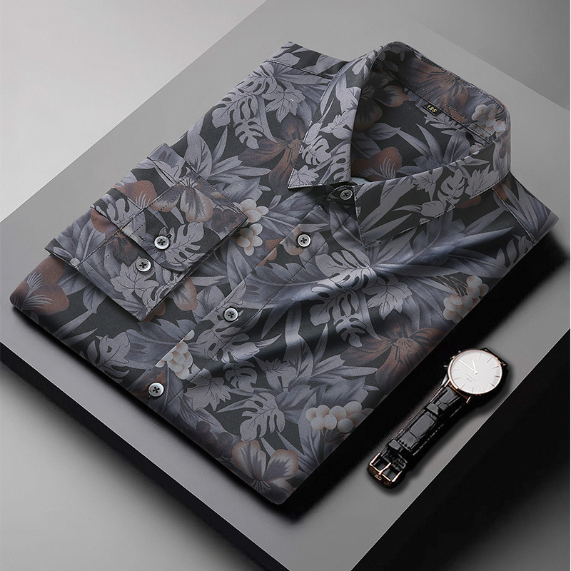 European and American cross-border large size men's long-sleeved printed shirt fat spring and autumn loose casual plus fat plus size shirt