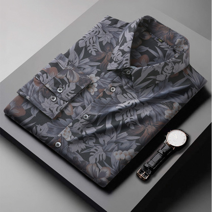 European and American cross-border large size men's long-sleeved printed shirt fat spring and autumn loose casual plus fat plus size shirt