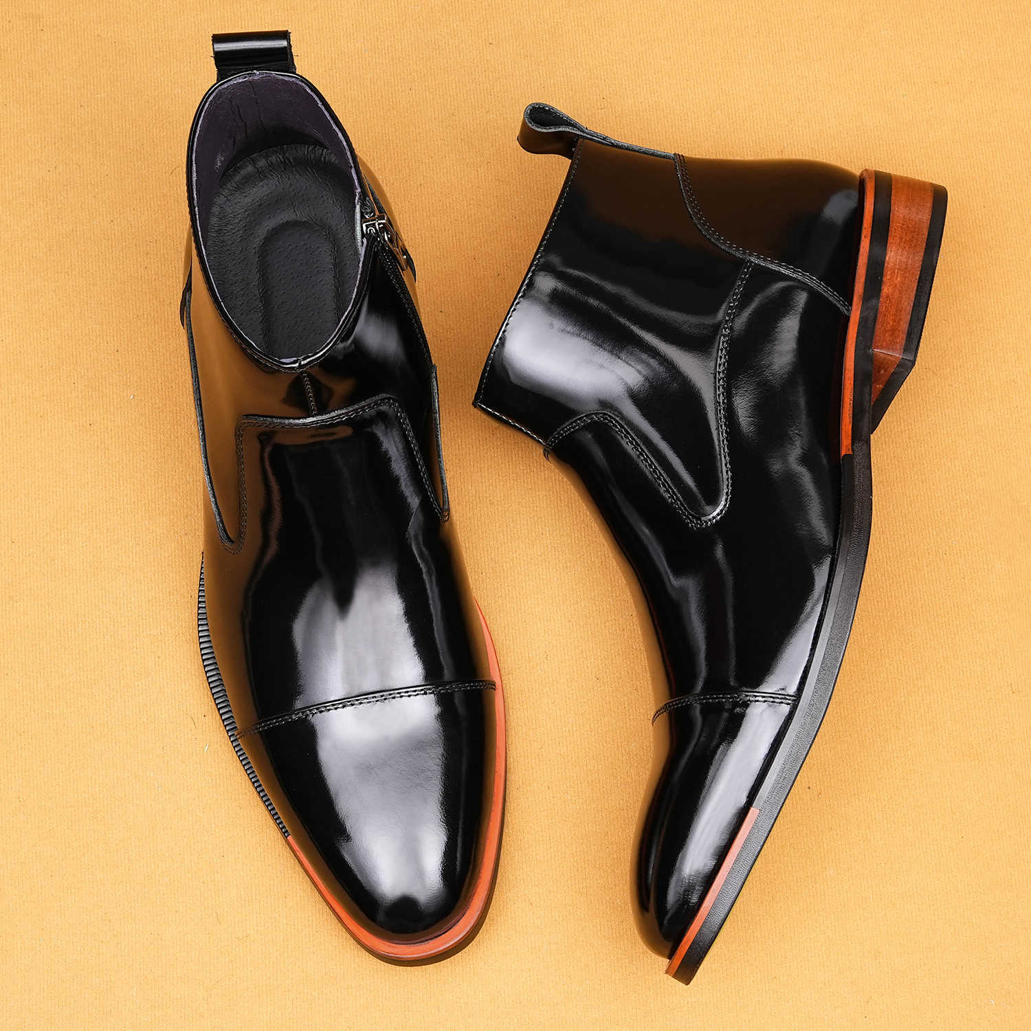 Glossy side zipper casual high-top genuine leather shoes