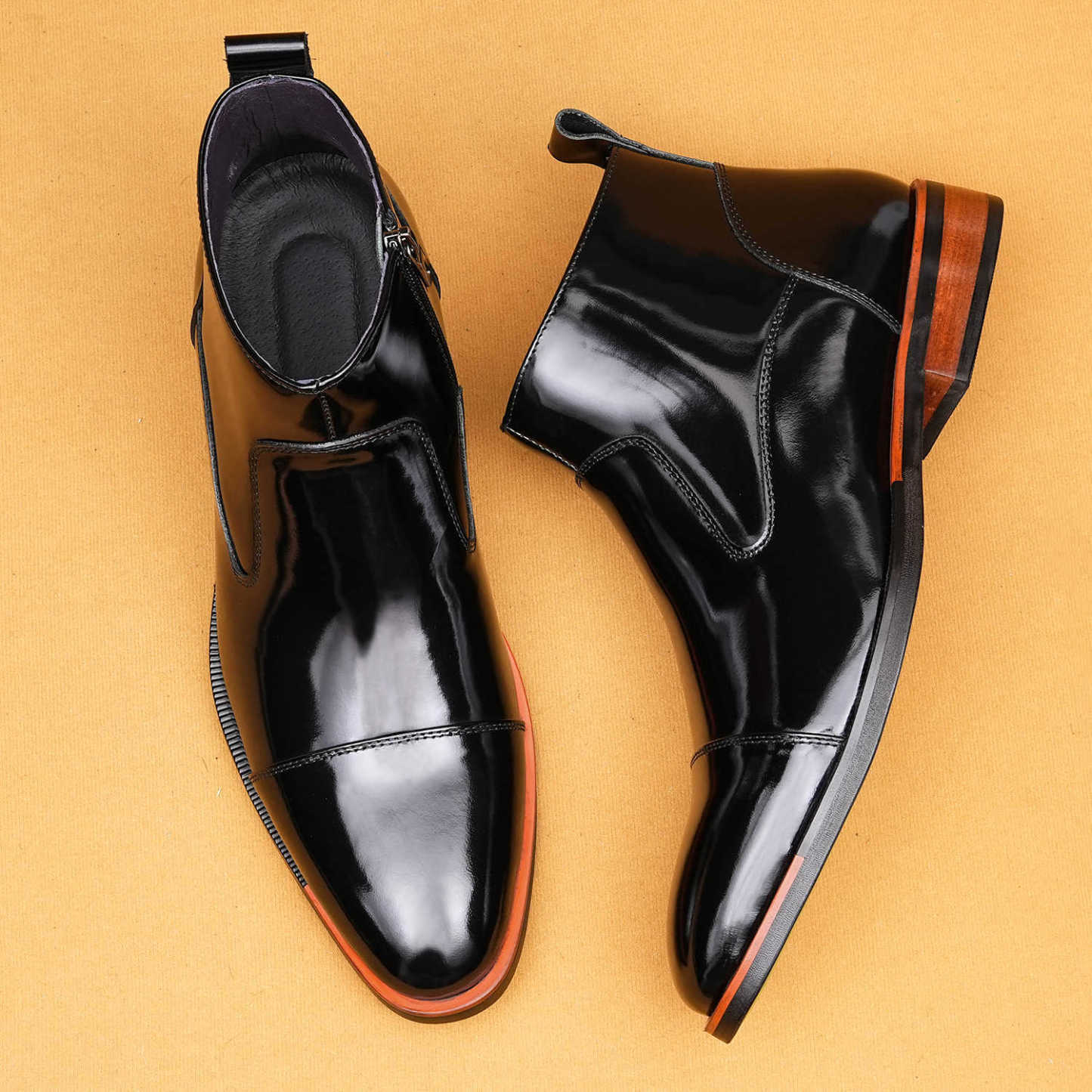 Glossy side zipper casual high-top genuine leather shoes