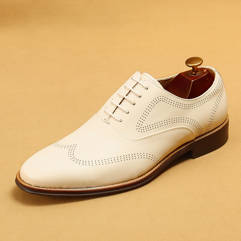 Men's White & Beige Wingtip Brogue Dress Shoes
