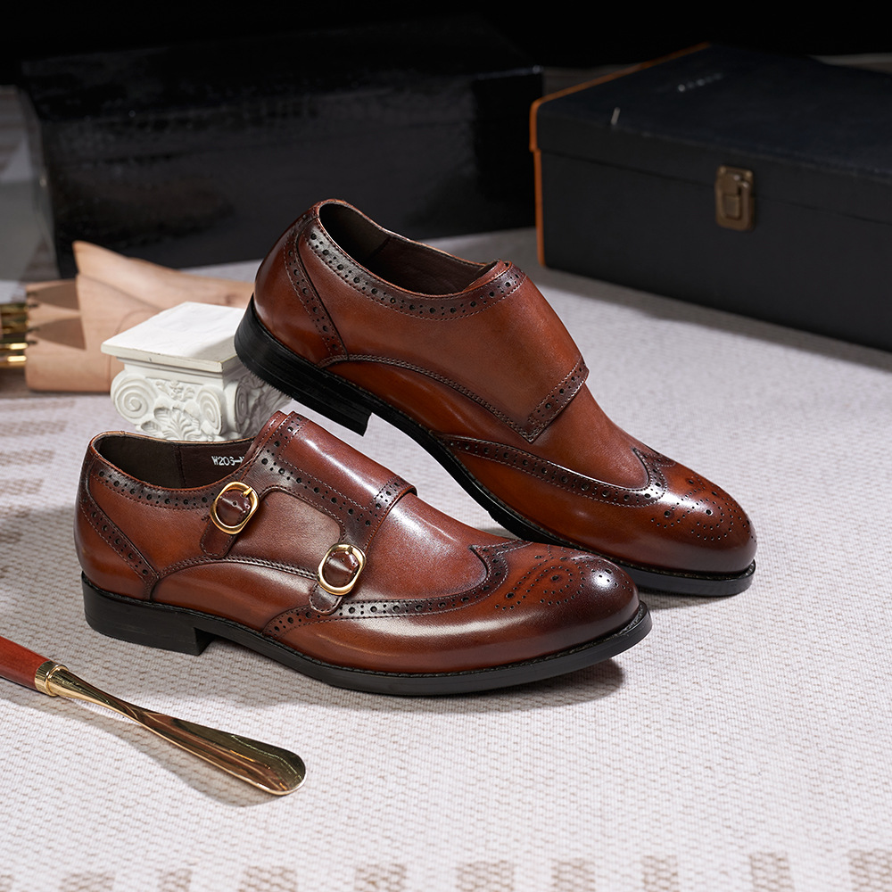 Men's Double - Buckle Leather Brogue Shoes (Black/Brown)