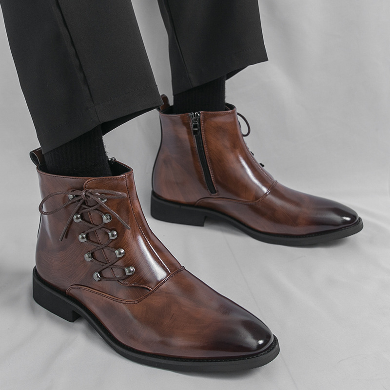 Stylish pointed-toe British-style casual side zipper lace-up men's boo