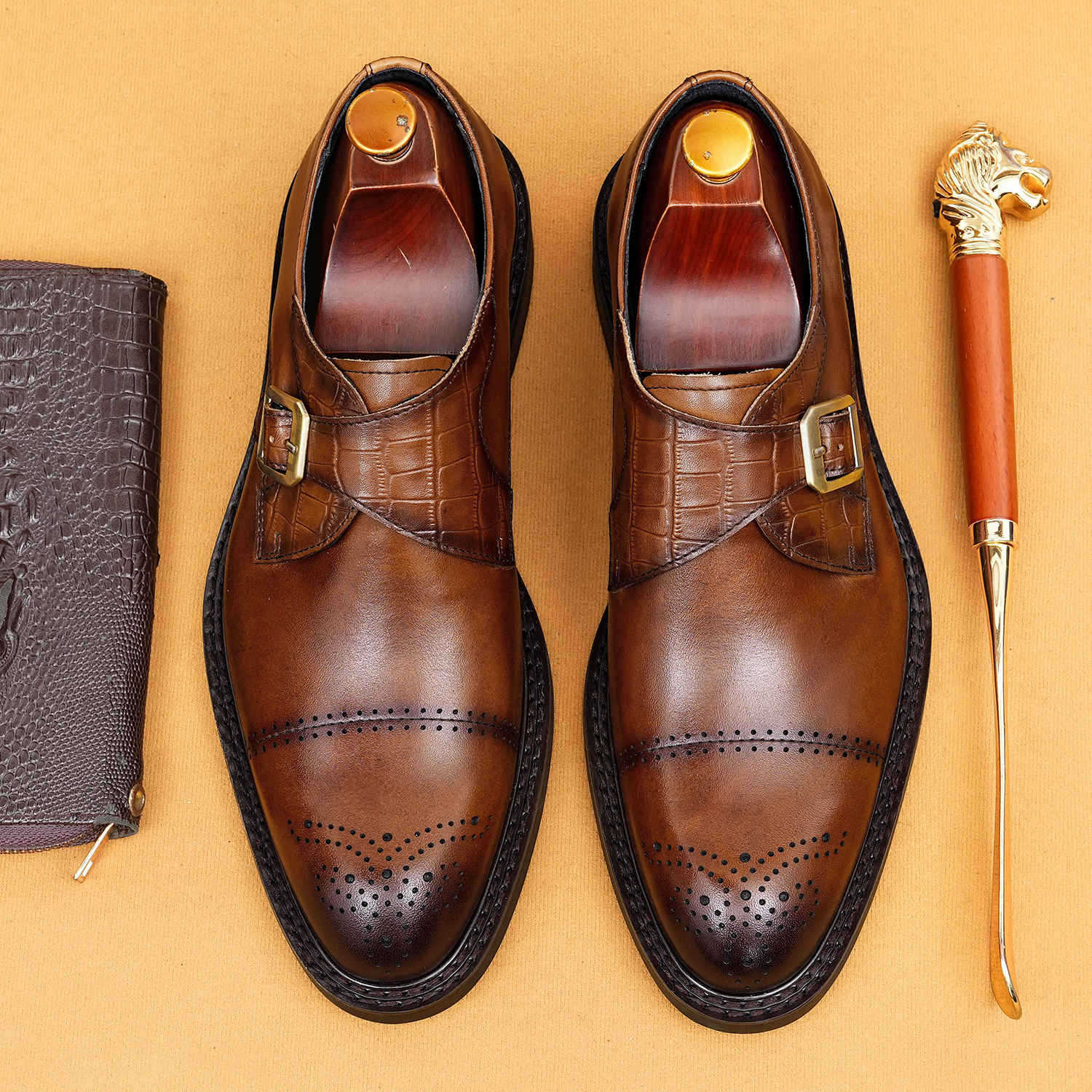 Business casual British style genuine leather monk shoes