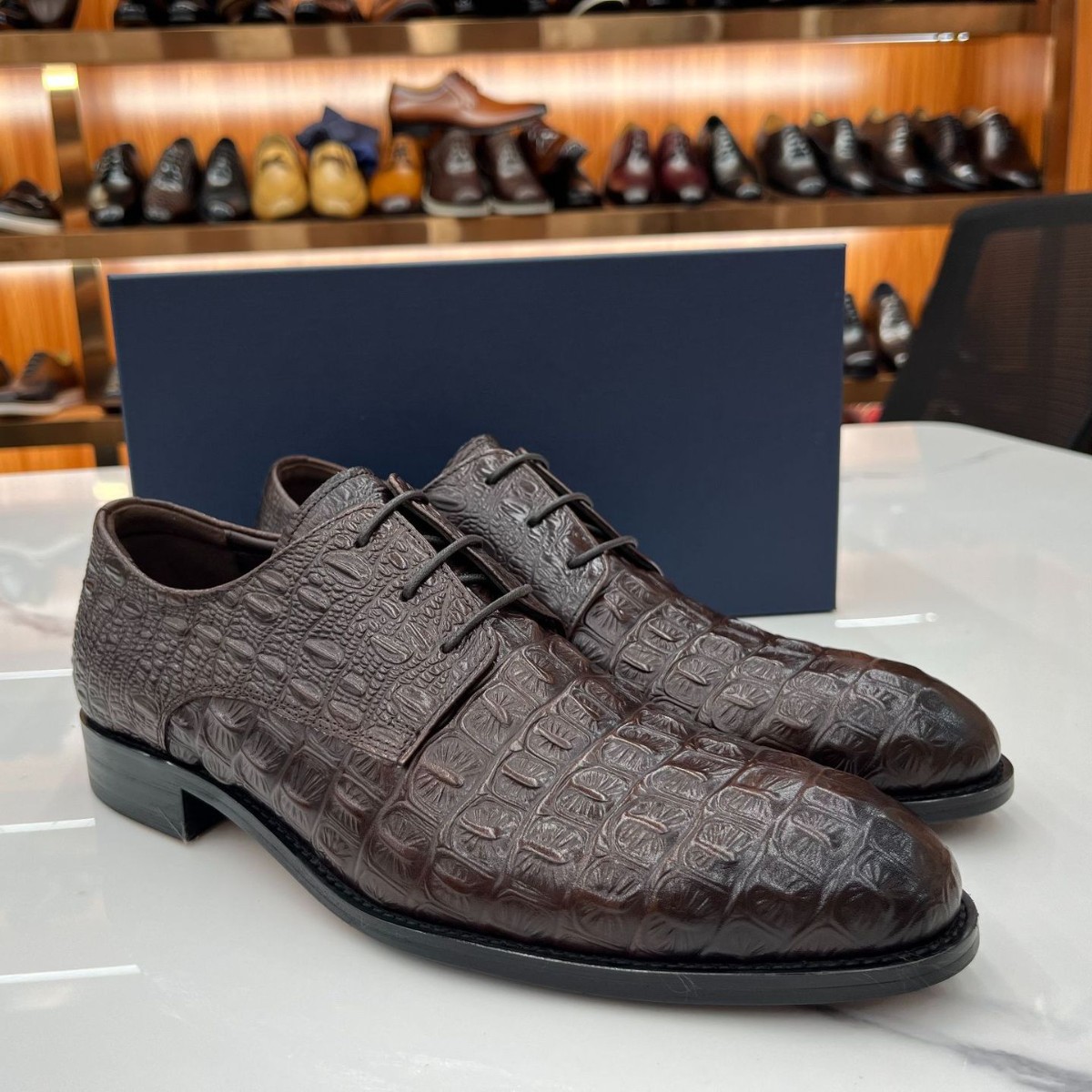 Men’s Cocoa‑Brown Full Croc‑Embossed Derby Shoes | Lace‑Up Luxury Genuine Leather Formal Shoes
