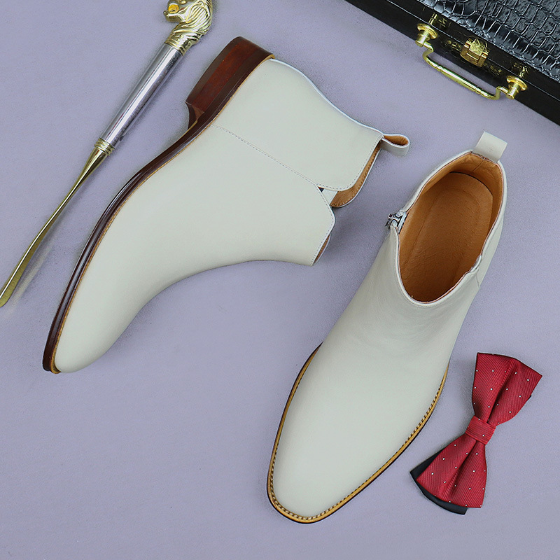 [Big Sale] Business Martin Boots Men's Denim Business High Top Zipper White Fashion Genuine Leather Trendy Chelsea Boots