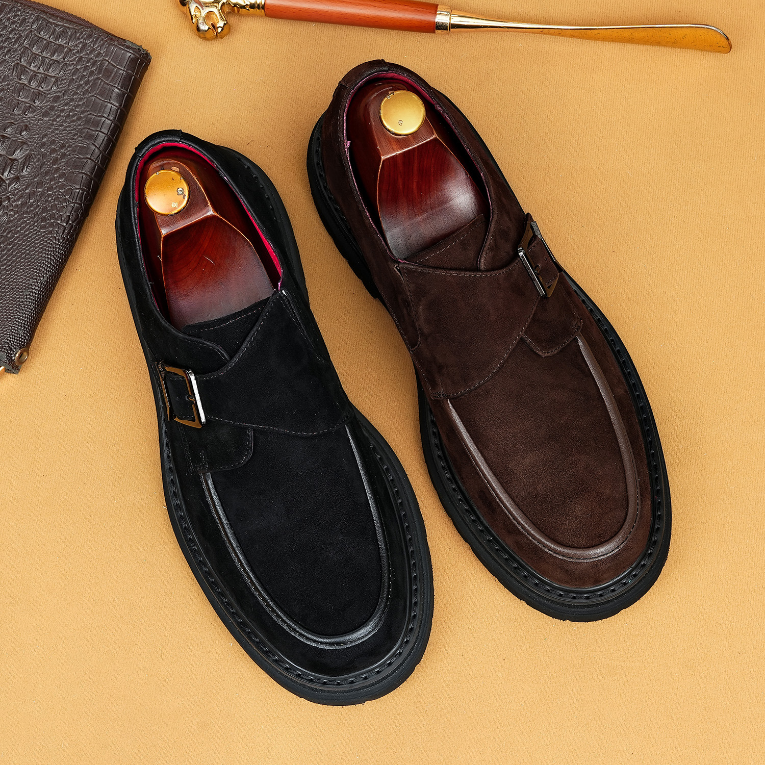 Vintage Suede Monk Strap Chunky Platform Buckle Shoes for Men