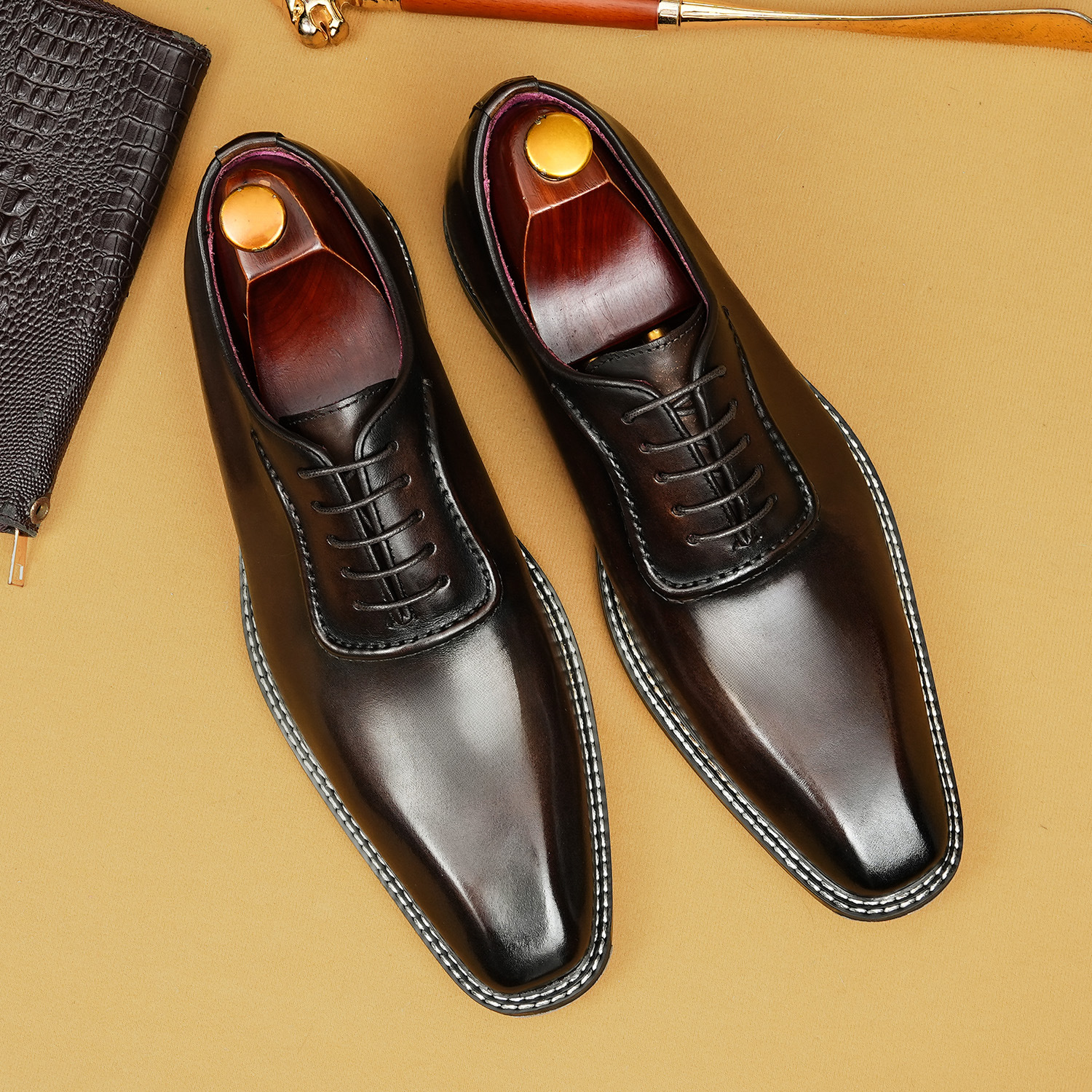 Dark Patina Square Toe Oxfords, Handcrafted Lace‑Up Formal Leather Shoes for Men