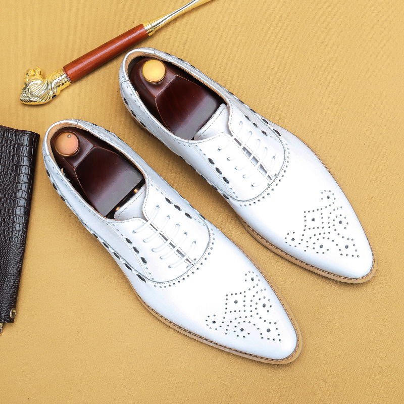 Men's White Wingtip Brogue Leather Dress Shoes