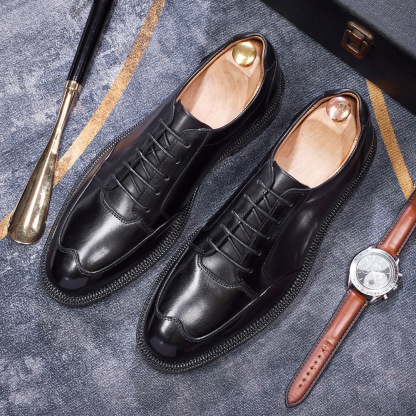 Men's Brown Genuine Cowhide Shoes Retro Trendy British-Style for Business & Casual