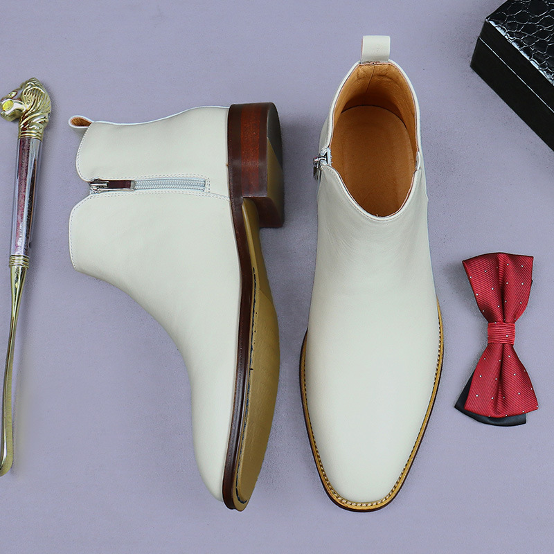 [Big Sale] Business Martin Boots Men's Denim Business High Top Zipper White Fashion Genuine Leather Trendy Chelsea Boots