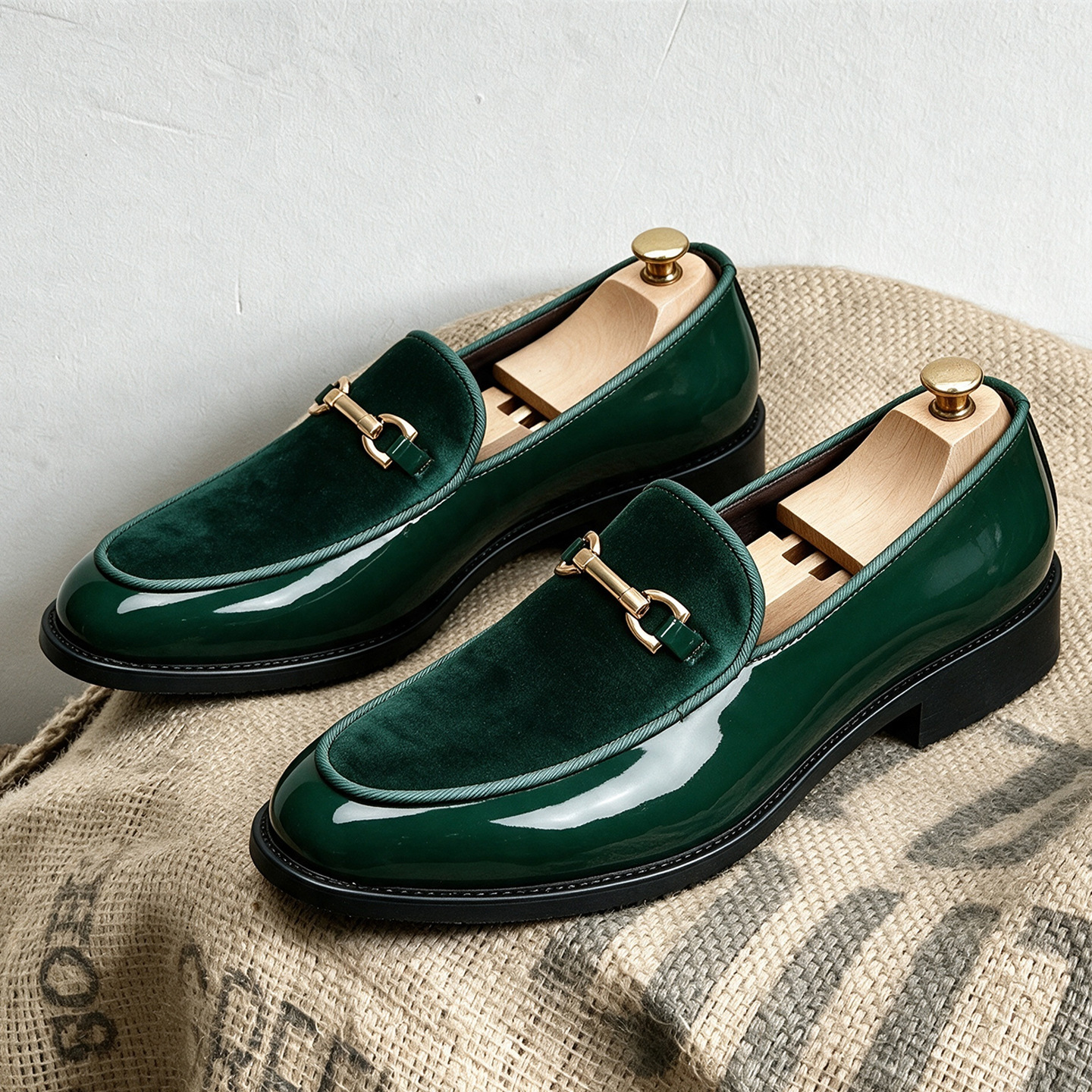 Men’s Velvet & Patent Leather Loafers | Gold Horsebit Ornament Slip‑On Luxury Dress Shoes