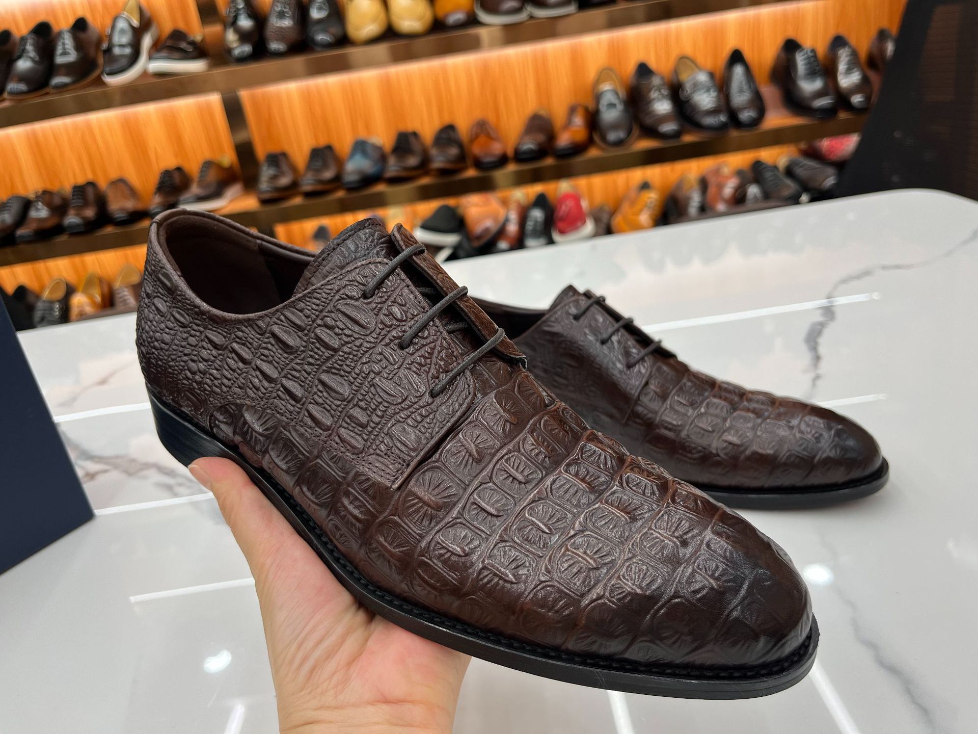 Men’s Cocoa‑Brown Full Croc‑Embossed Derby Shoes | Lace‑Up Luxury Genuine Leather Formal Shoes