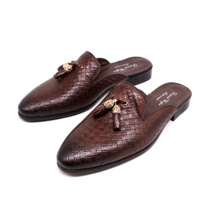 Cross-border Baotou slippers genuine leather tassel outer wear casual leather shoes men's woven pattern embossed summer pointed sandals men