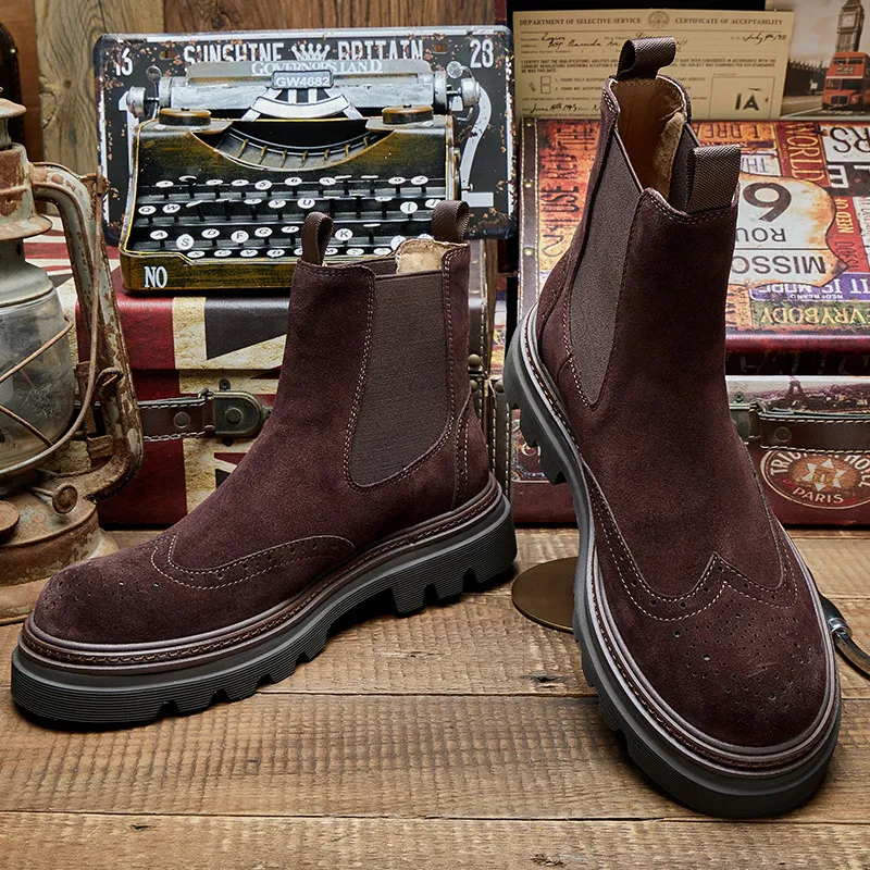 Men's Thick-soled Heightened Genuine Leather Suede British Retro Chelsea Boots