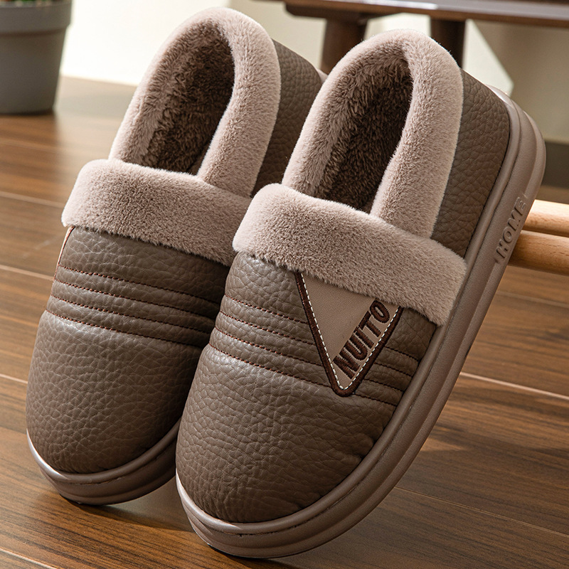2024 new men's PU leather cotton slippers for winter home indoor warm non-slip plus velvet cotton shoes EVA bottom