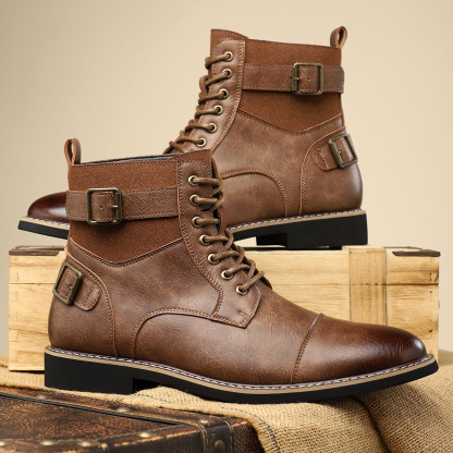 2024 new British style men's casual Martin boots non-slip retro mid-cut pointed leather boots sleeve work boots