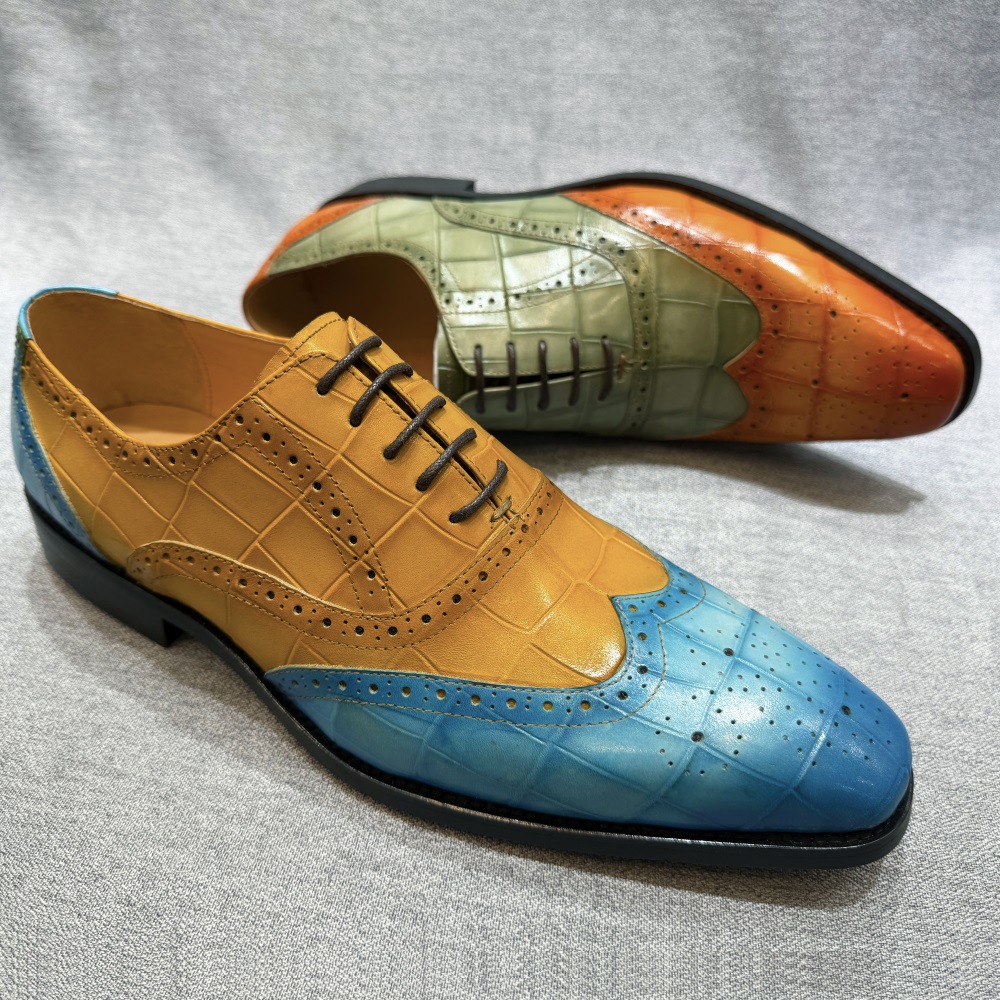 European fashion wedding shoes men's formal shoes first layer cowhide color matching lace-up Oxford shoes business office men's shoes