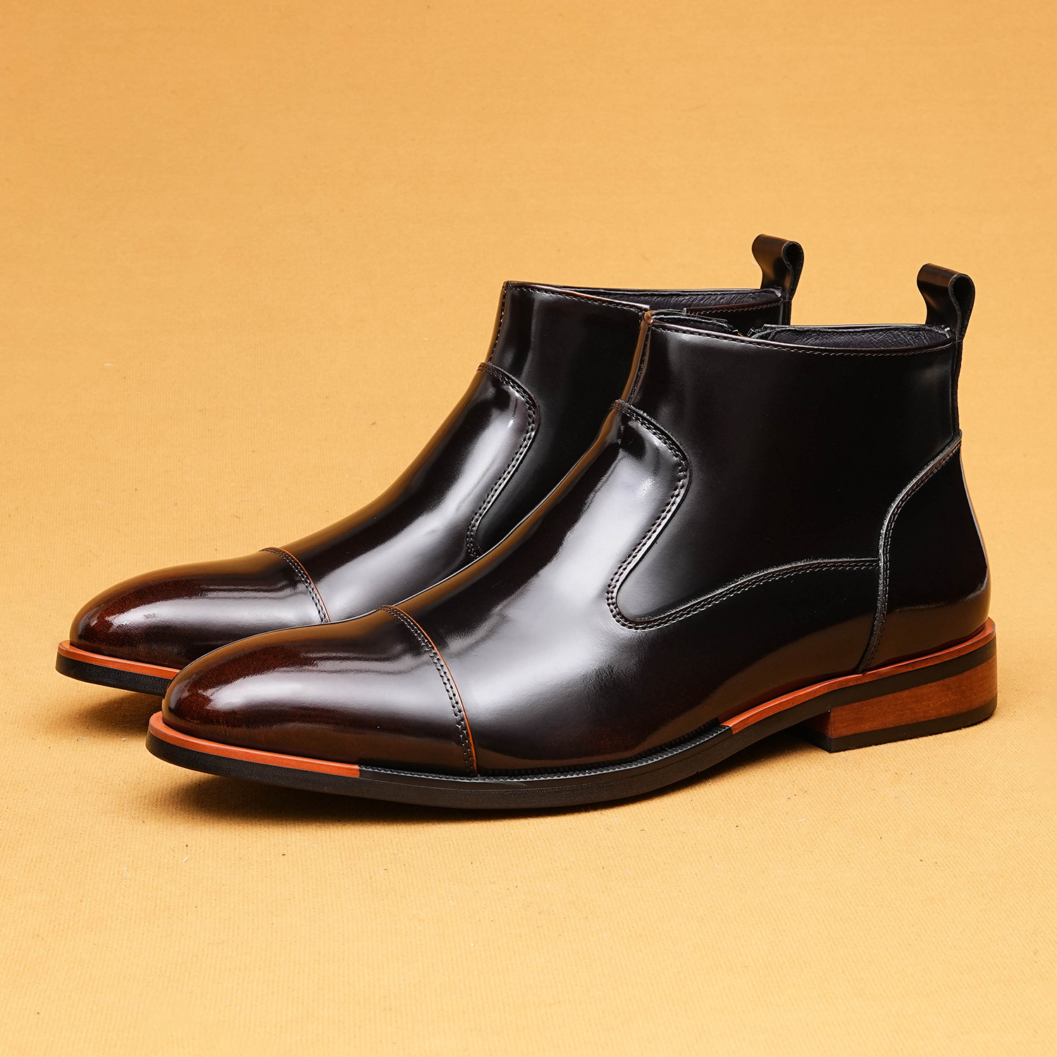 Glossy side zipper casual high-top genuine leather shoes