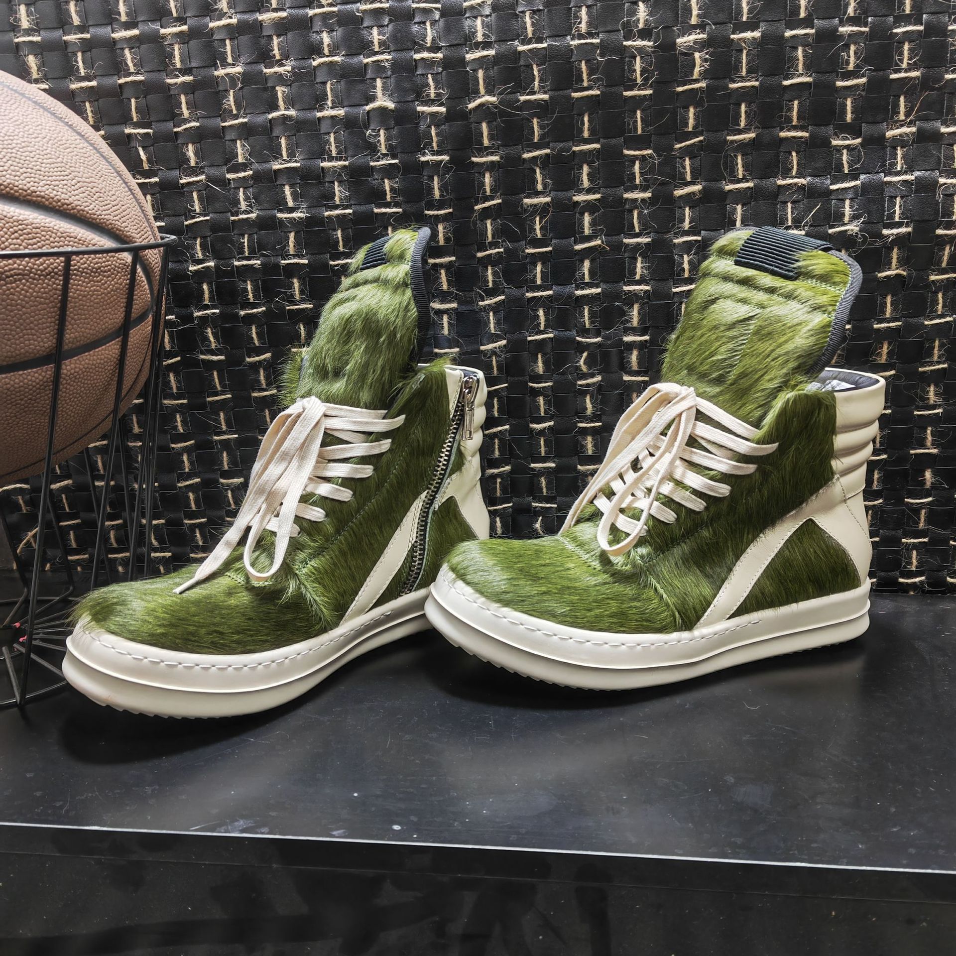 2024 new RO green horsehair high-top shoes inverted triangle large size thick bottom lace-up genuine leather European and American fashion trend high