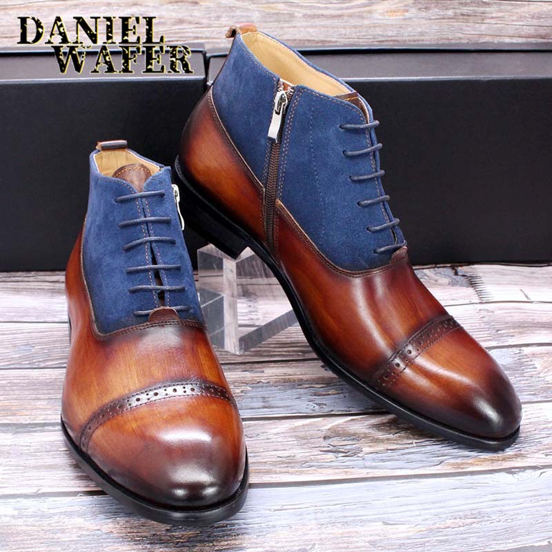 Men's pointed toe ankle boots, handcrafted, high-top, casual vintage style