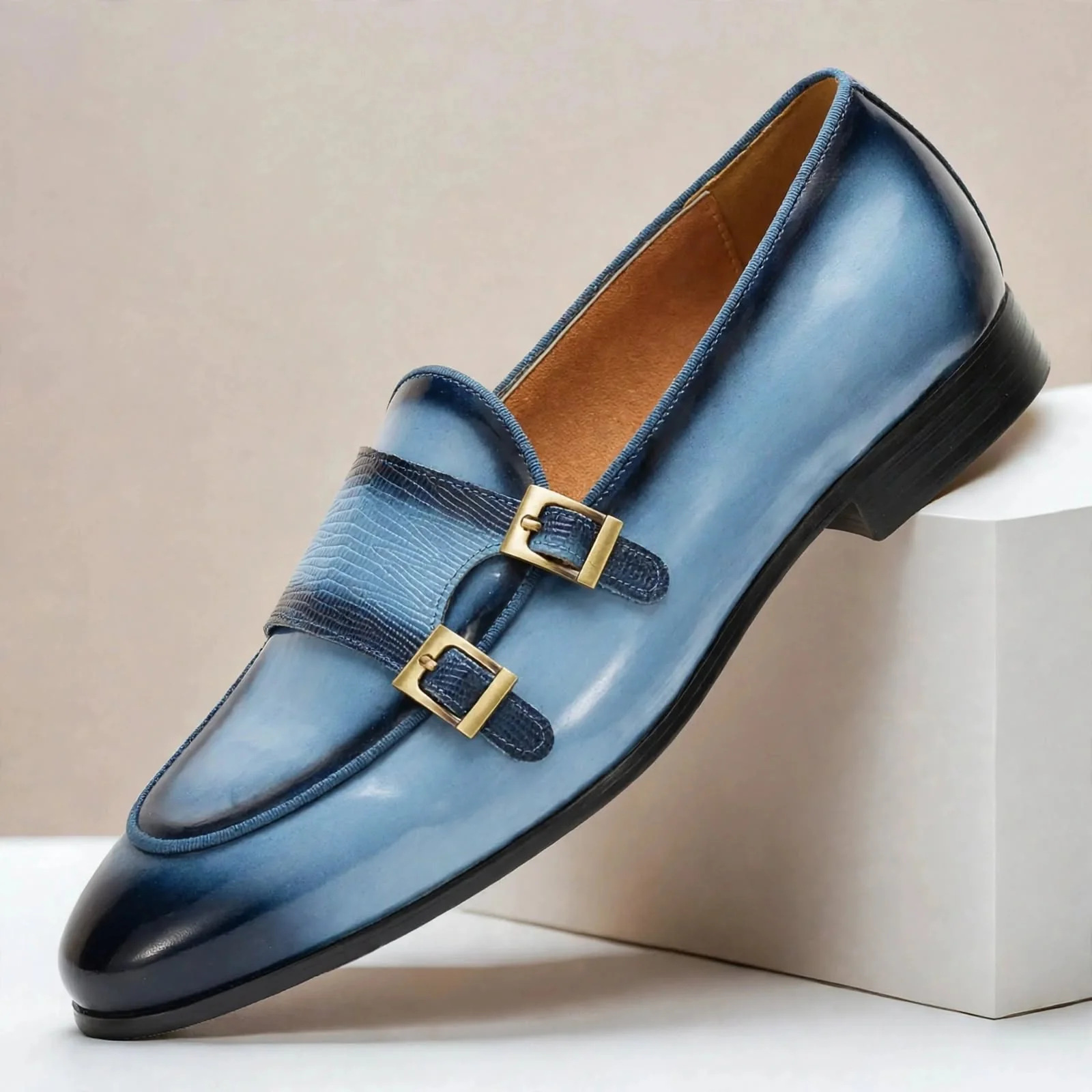 Men’s Genuine Leather Double-Buckle Monk Strap Dress Shoes 