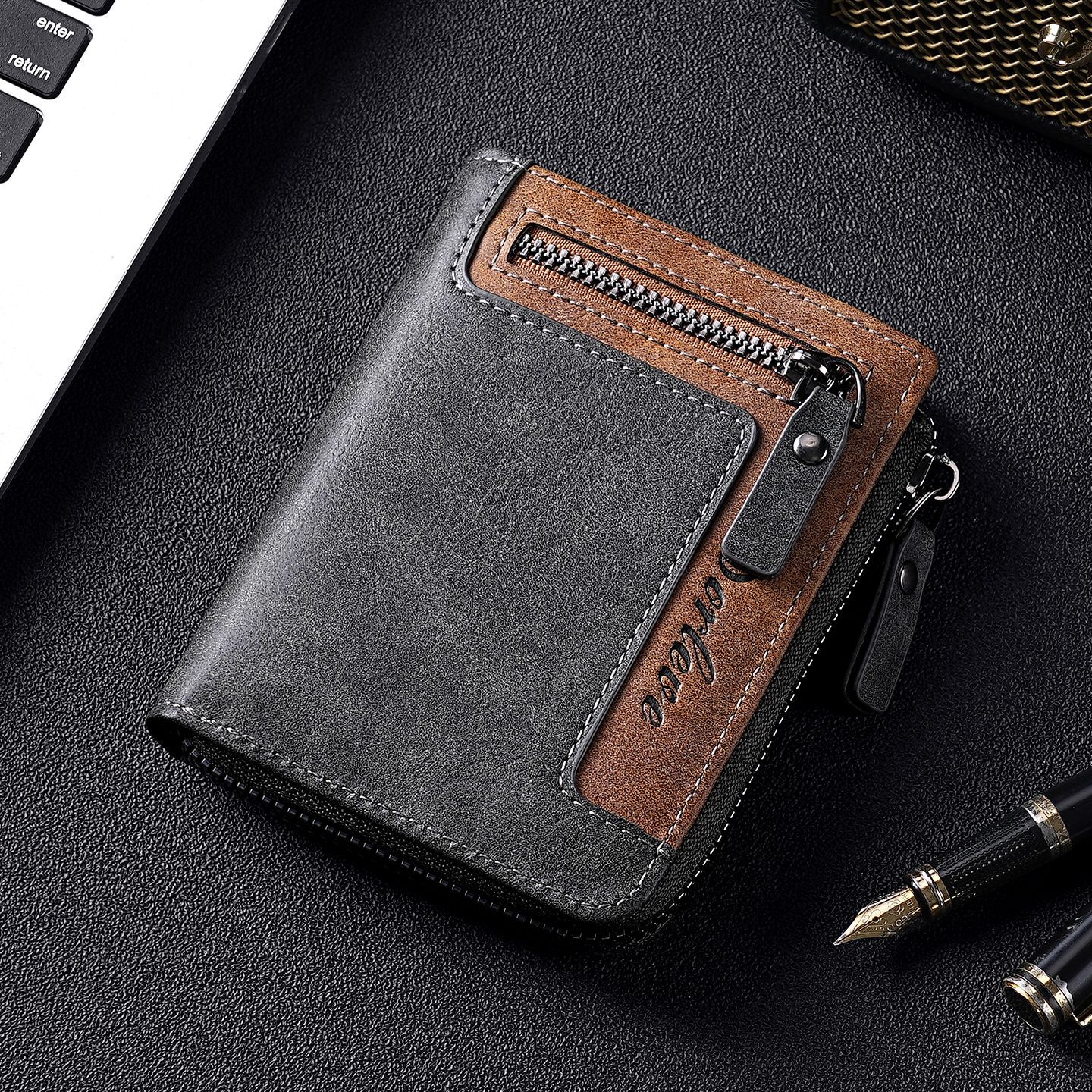 Retro Men's Wallet with Color Blocking Zipper Short Card Holder