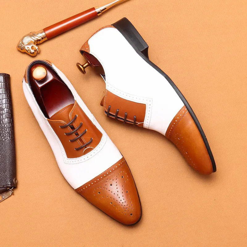 Men's classic white and brown business leather lace-up casual shoes